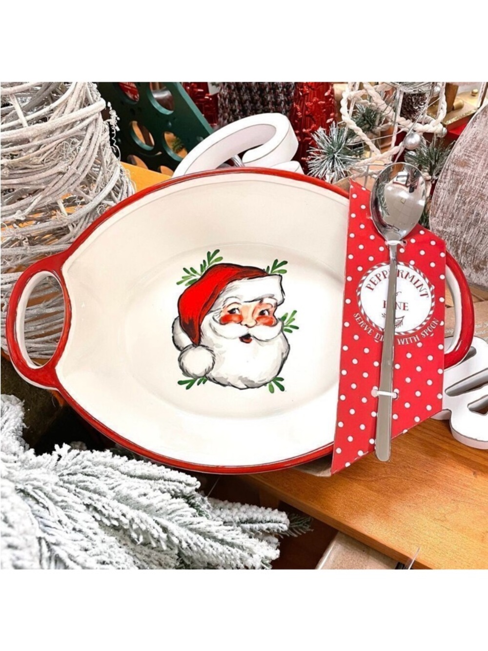 NWT Peppermint & Pine Ceramic White Red Christmas Santa Serve Dish Platter Spoon
